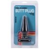 Medium black butt plug in packaging, labeled 'The Classic Butt Plug.'