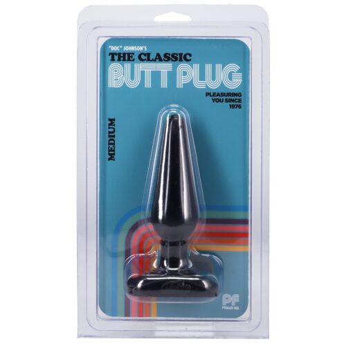 Medium black butt plug in packaging, labeled 'The Classic Butt Plug.'