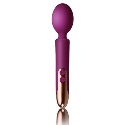 Rocks Off Oriel Rechargeable Wand Vibrator in fuchsia with rounded tip and gold accent buttons, available at The Loving Co...