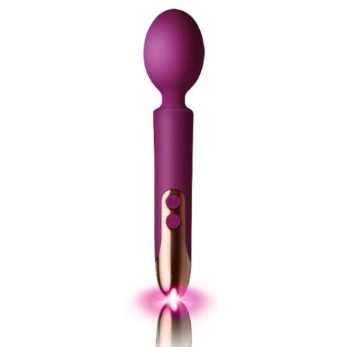 Rocks Off Oriel Rechargeable Wand Vibrator in fuchsia, with a rounded head and gold accents