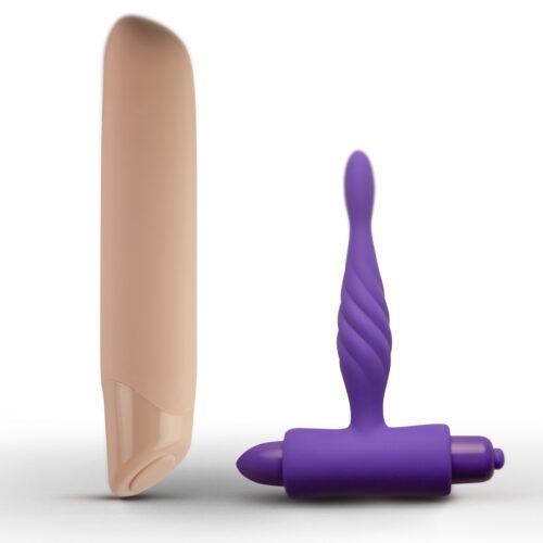 You Love Me Share Me Vibrator & Butt Plug Set, featuring a beige vibrator and a purple bu