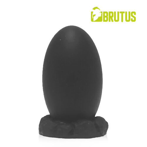 Black egg-shaped object on a rocky base