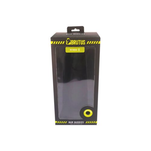 Brutus Bum Buddies product packaging, featuring a transparent window and caution stripes