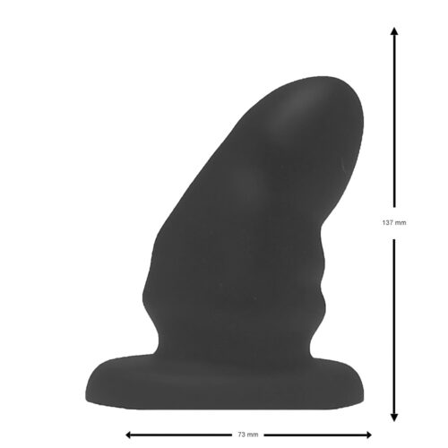 A silicone toy with a tapered shape, 137 mm tall and 73 mm wide