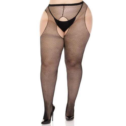 Black fishnet stockings with thong, model wearing them