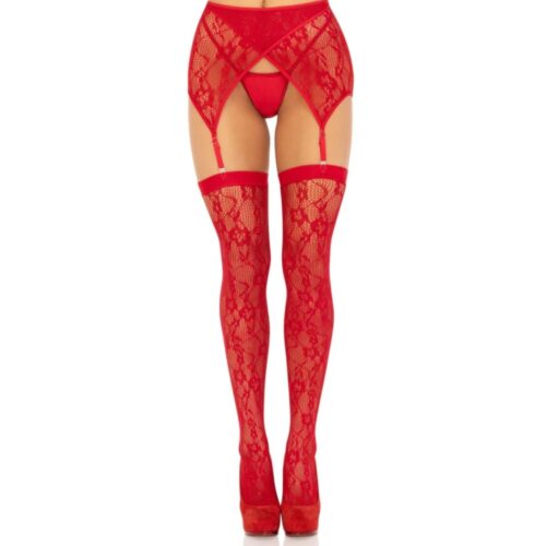 Red lace thigh-high stockings and garter belt set