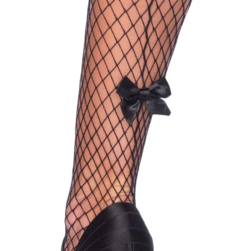Stylish Black Fishnet Stockings Adorned With A Chic Bow For A Trendy Look. Leg In Black Fishnet Stockings With A Bow, Available At The Loving Company.