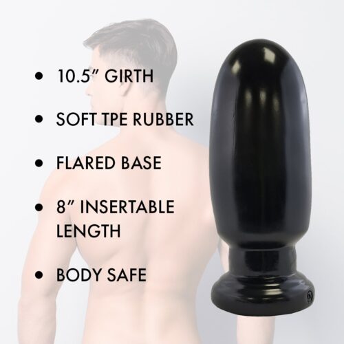 A black body-safe product with 10.5" girth and 8" insertable length
