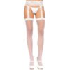 Model in white lace lingerie and sheer stockings