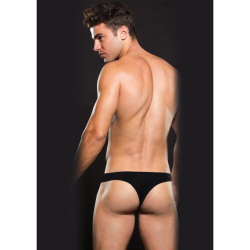 Model in a black thong, showcasing his back
