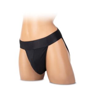 Explore stylish comfort with this black thong, perfect for any occasion. Black thong displayed on a mannequin