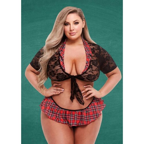 This stylish outfit combines lace and plaid for a fun and flirty look. Model in a lace top and plaid skirt