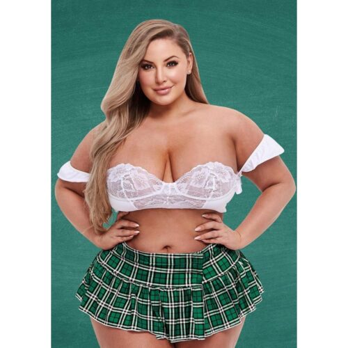 This stylish look is perfect for making a bold fashion statement. Model in a lace bra and green plaid skirt