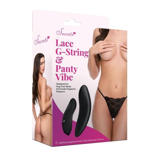 Secrets Lace G-String & Panty Vibe package featuring a model