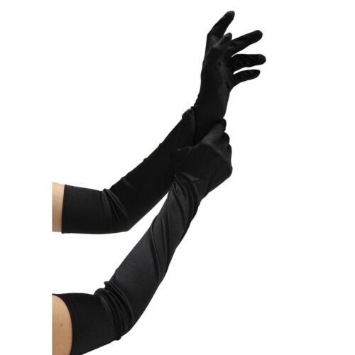Black satin gloves being worn