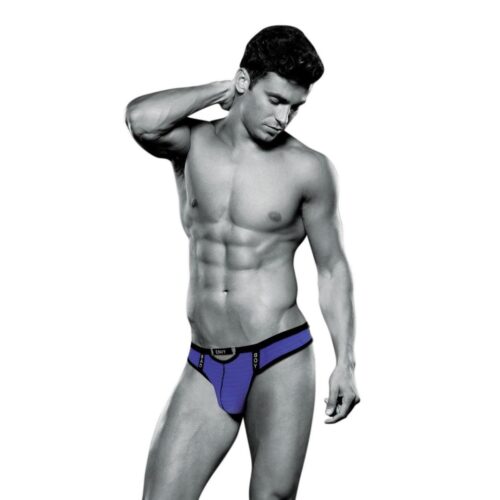 Muscular man in blue underwear poses
