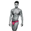 A muscular man in pink and black underwear, posing against a white background;