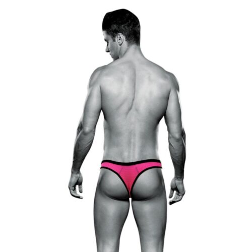 A man in a pink thong is visible, seen from behind;