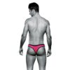 A muscular man in a pink and black thong, shown from the back against a white background