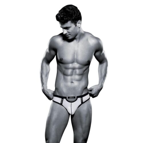 A muscular man in black and white wearing white underwear with a black waistband
