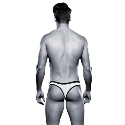 A muscular man in a white thong with black accents, stands with his back to the camera