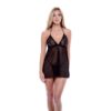 Model in a sheer black nightgown with floral detailing