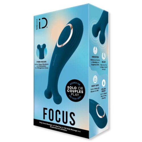 Bodywand I.D. Focus Vibrating Body Massager in blue, showcasing dual tips and packaging
