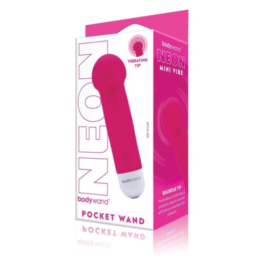 Bodywand Neon Mini Vibe Pocket Wand Vibrator, bright pink, packaged box design