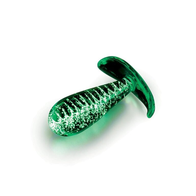 A green shimmering adult toy, shaped like a tapered plug with a flared base