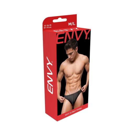 Men's thong underwear packaging featuring model