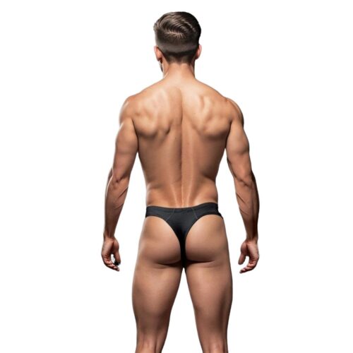 Muscular man in a black thong, shown from the back
