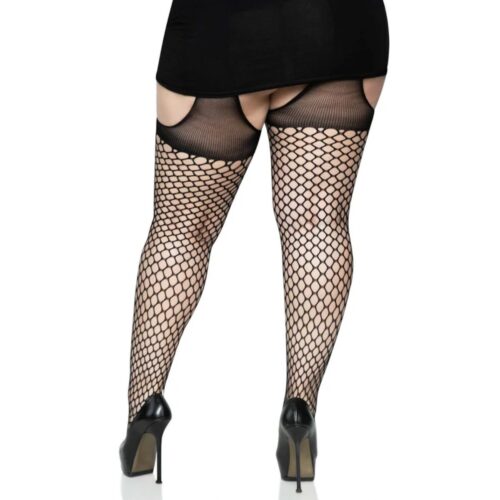 Black fishnet stockings worn by a model