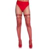Red fishnet stockings and a high-waisted brief worn by a model