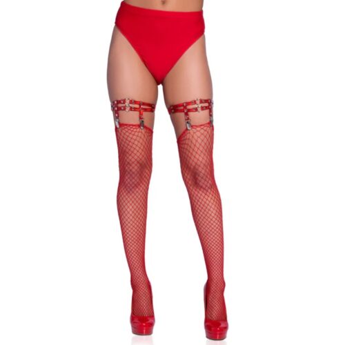 Red fishnet stockings and a high-waisted brief worn by a model