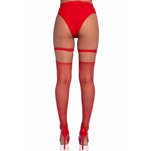 Model in red high-waisted panties, fishnet stockings, and red heels