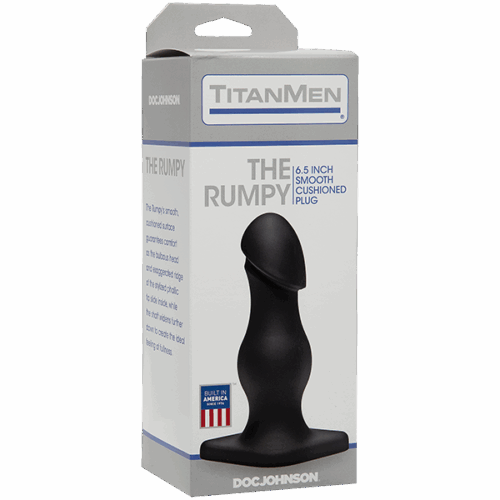 Introducing 'The Rumpy', a comfortable 6.5-inch cushioned plug designed by TitanMen. Black 6.5-inch cushioned plug packaging, 'The Rumpy'