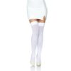 Model wearing white thigh-high stockings and a short white skirt
