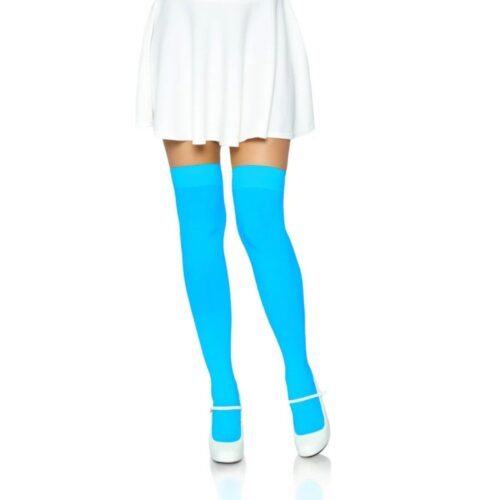 Thigh-high blue stockings worn by a model