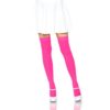 Model wearing bright pink thigh-high stockings and a white skirt
