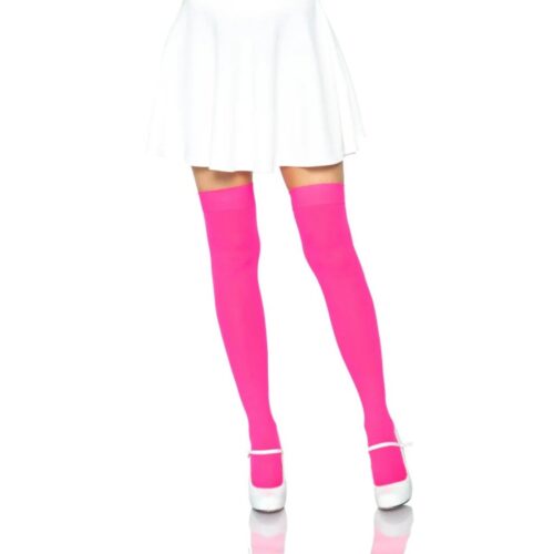 Model wearing bright pink thigh-high stockings and a white skirt