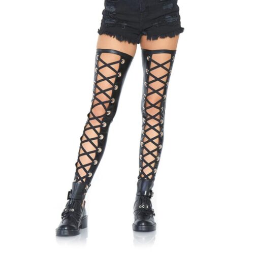 Thigh-high black lace-up boots with metal eyelets