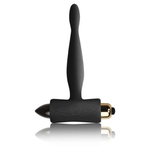 A black silicone toy with a tapered tip and gold base