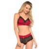Model in red and black lace lingerie set