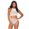 Elevate Your Summer Wardrobe With This Stunning White Lace Two-Piece Set, Available At The Loving Company. Model Wearing A White Lace Two-Piece Outfit Available At The Loving Company, Featuring A High-Neck Crop Top And High-Waist...