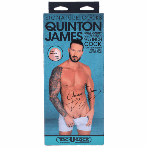Discover the ultimate pleasure with the Quinton James Ultraskyn Cock Dildo, available now. Quinton James packaging for 9.5-inch Ultraskyn cock dildo