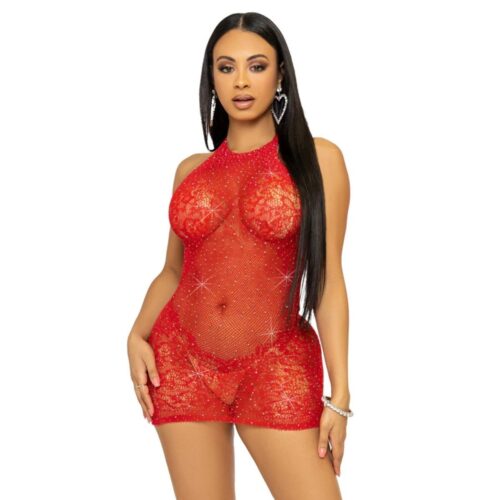 Model in a sheer red dress with sparkles