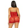 Model in a red sparkly dress with lace details
