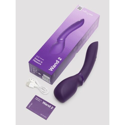 We-Vibe Wand 2 Wand Vibrator in purple, with USB charger and card in the image