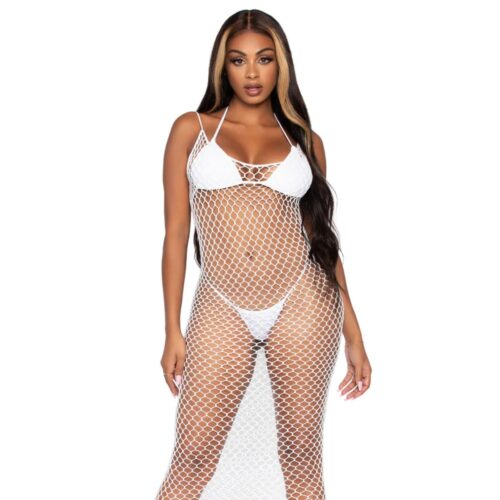 Elevate Your Summer Style With This Stunning Fishnet Cover-Up, Perfect For Any Beach Day. Model In A White Fishnet Cover-Up And Bikini, Available At The Loving Company.
