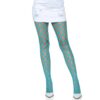 Teal fishnet tights worn with a white mini skirt